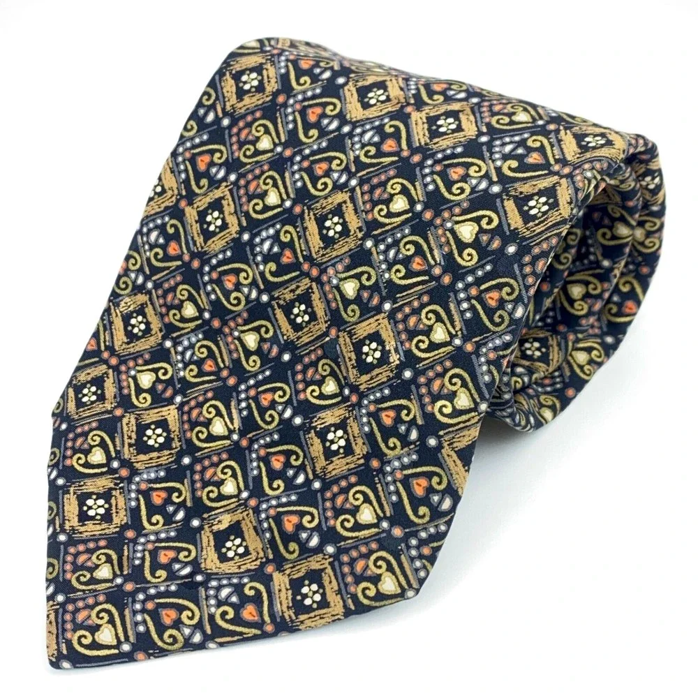 BRIONI Roma Black Gold Orange Gray Tie Mens Hearts Circles Art Necktie 60
